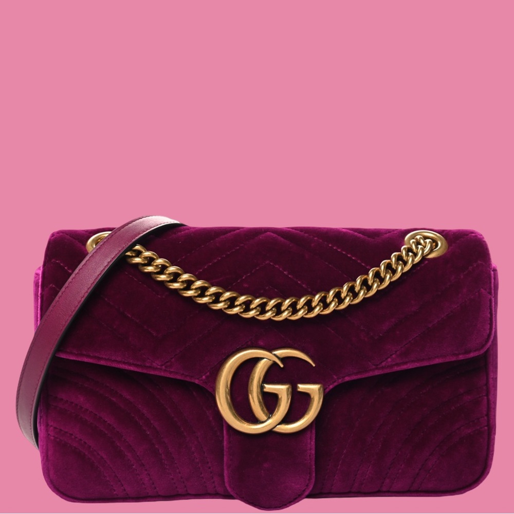 Gucci Velvet Matelasse Small GG Marmont Shoulder Bag Fuchsia Violet - Picture 2 of 10